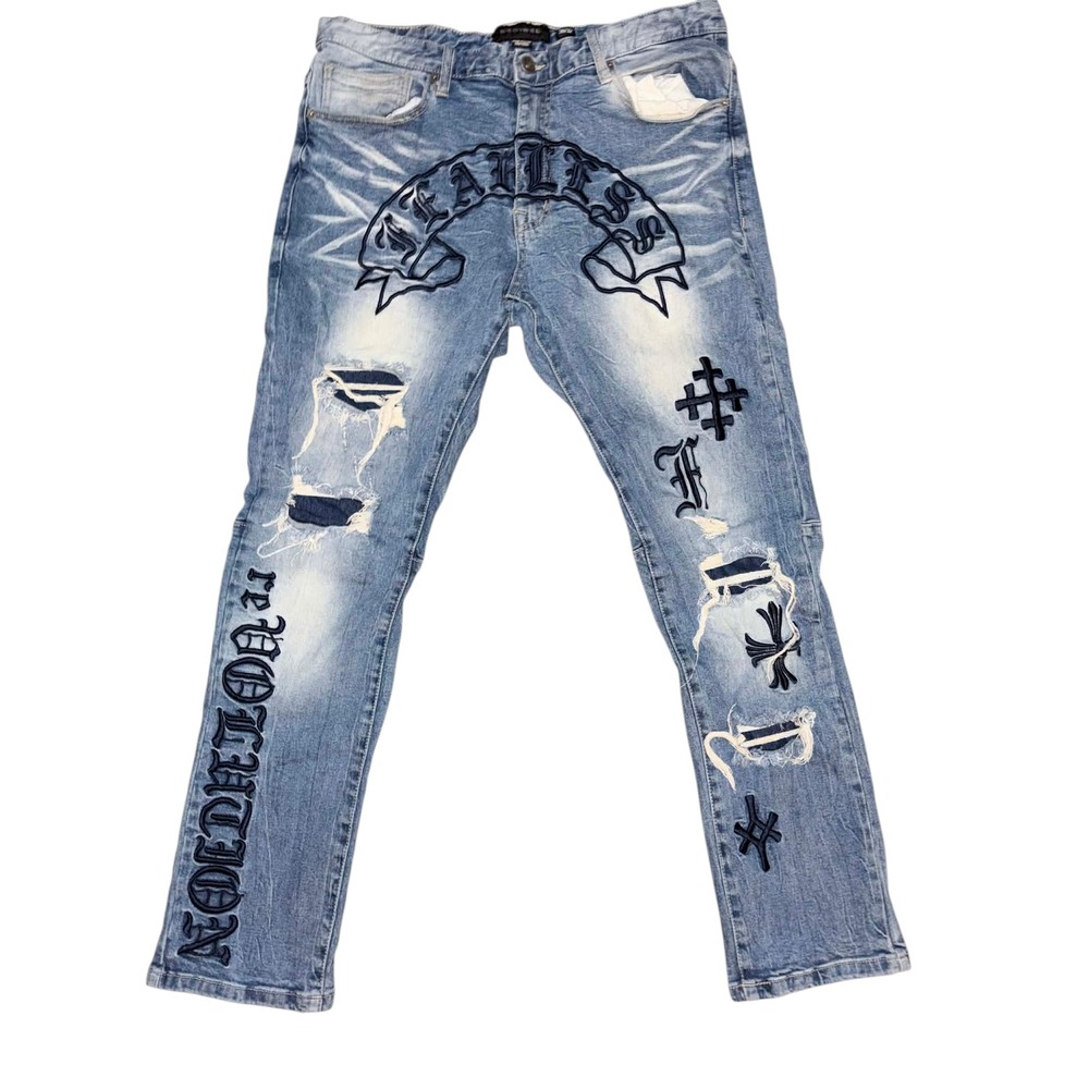 Decibel‎ Fearless Revolution Distressed Embroidered Mens Jeans Light Wash 38x32